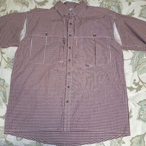 A Drake men's medium short sleeve button-down shirt burgundy and white checkered